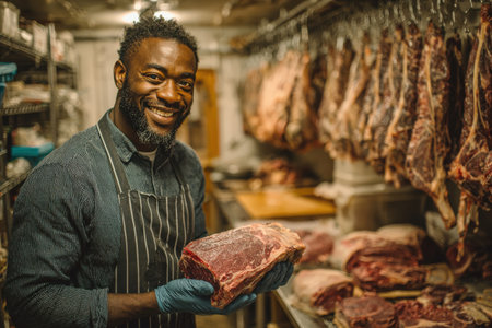 Male butcher is proudly displaying a large cut of meat in a well-stocked butcher shop, surrounded by various meat products and a welcoming ambianceの素材