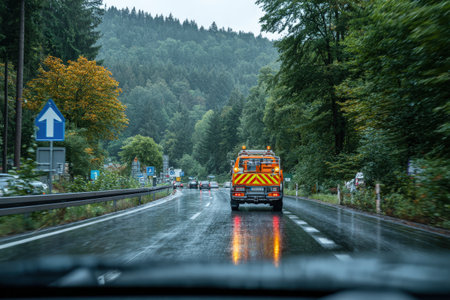 Emergency vehicle navigates a rainy road surrounded by vibrant greenery, with wet pavement reflecting light, creating a dramatic and atmospheric sceneの素材