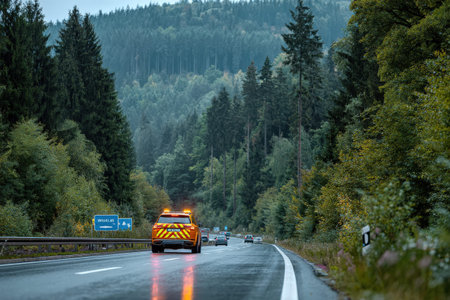 Emergency vehicle is parked on a rainy highway, surrounded by dense trees, providing a sense of safety and caution in a tranquil forest environmentの素材
