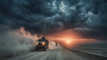Military trucks navigate a dusty road with stormy skies and a vibrant sunset, capturing a sense of urgency and resilience in a challenging environmentの素材
