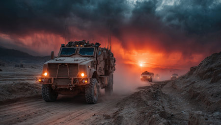 Military trucks navigate rugged landscape at sunset, surrounded by dust and dramatic skies, showcasing the intensity of operations in harsh conditionsの素材