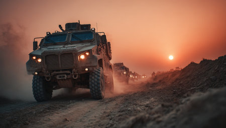 Military trucks traverse rugged landscape at sunset, kicking up dust clouds, highlighting the power and determination of armed forces in actionの素材