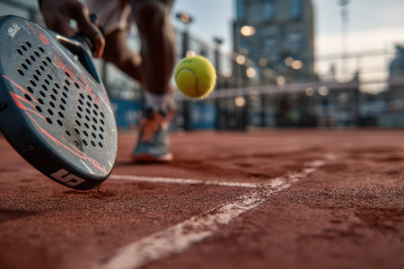 Male athlete is engaged in padel tennis on a clay court, demonstrating skill and focus while the ball is in motion, capturing the essence of competitive sportsの素材