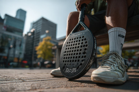 Male sports enthusiast is seated on a bench, holding a paddle racket, with a vibrant city backdrop, capturing a moment of anticipation and leisure before the gameの素材