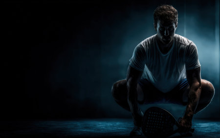 Male athlete crouches while gripping paddle racket, surrounded by moody lighting that emphasizes his muscular build and concentration in a competitive atmosphereの素材