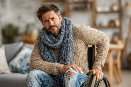 Male individual in wheelchair, dressed in warm sweater and scarf, seated in contemporary living space, highlighting themes of comfort and strength in everyday lifeの素材