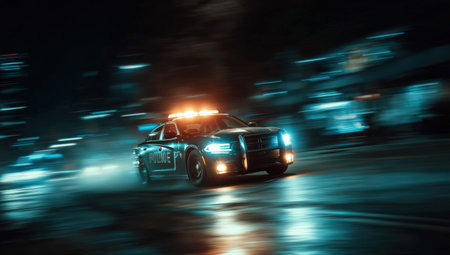 Police vehicle racing down a rain-soaked street at night, with vibrant lights reflecting off the pavement, capturing the urgency of law enforcement in motionの素材