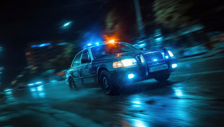 Police vehicle with illuminated lights races down slick urban streets at night, capturing the essence of urgency and law enforcement in a vibrant city atmosphereの素材