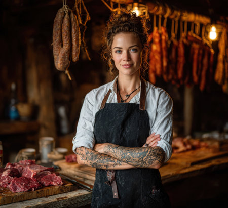 Confident female butcher with tattoos stands in rustic shop, surrounded by hanging sausages and fresh meat, demonstrating traditional skills and dedication to quality craftsmanshipの素材