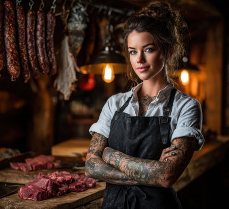 Confident female butcher with tattoos poses in a rustic meat shop, surrounded by hanging sausages and fresh meat cuts, highlighting her skills and dedication to the craftの素材