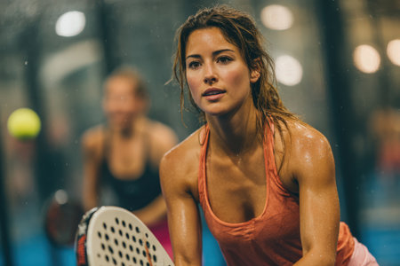 Female athlete intensely playing paddle tennis, demonstrating focus and skill, with a dynamic sports atmosphere and fellow players in the background enhancing the sceneの素材