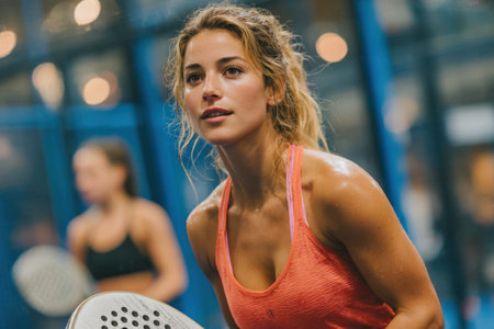 Female athlete, wearing bright orange tank top, is intensely focused on the game while holding a paddle in a vibrant sports setting with other players nearbyの素材