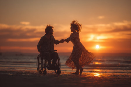 Couple dancing on beach at sunset, one partner in wheelchair, holding hands and celebrating love, surrounded by serene ocean waves and vibrant sky colorsの素材