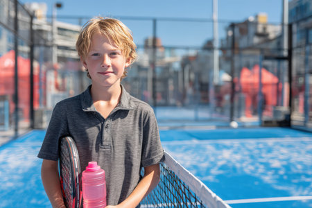 Boy with blonde hair stands on a vibrant blue tennis court, holding a racket and water bottle, radiating energy and excitement for athletic pursuitsの素材