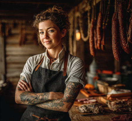 Confident female butcher with tattoos, wearing an apron, stands in a rustic shop surrounded by hanging meats, highlighting her skills and passion for traditional food preparationの素材