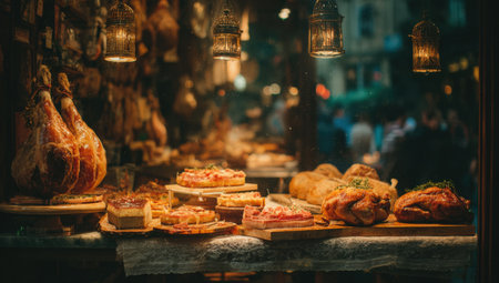 Assorted gourmet foods are beautifully arranged in a rustic shop window, featuring meats, pastries, and breads, illuminated by warm lights, inviting customers to exploreの素材