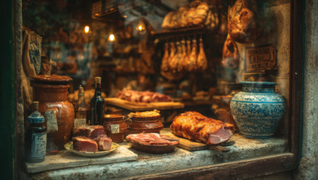 Butcher shop window showcases an array of cured meats, hanging sausages, and artisanal jars, creating a rustic ambiance filled with culinary delightsの素材