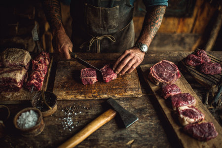 Skilled butcher is cutting fresh meat on wooden surface, with various cuts and tools nearby, highlighting traditional techniques and the art of butcheryの素材