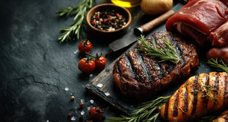 Assorted grilled meats, including steak and chicken, beautifully arranged on a wooden board with herbs and spices, highlighting culinary craftsmanship and vibrant colorsの素材