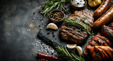 Assorted grilled meats displayed on a slate board, garnished with fresh herbs and spices, creating an inviting atmosphere for culinary exploration and enjoymentの素材