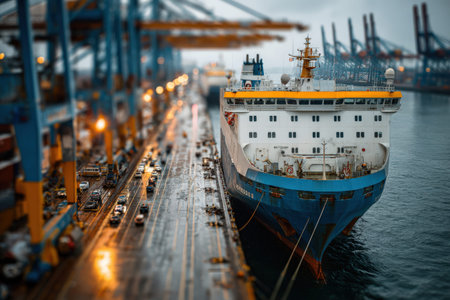 Large cargo vessel is moored at a busy harbor, with cranes and vehicles in the background, showcasing the dynamic nature of shipping and logisticsの素材