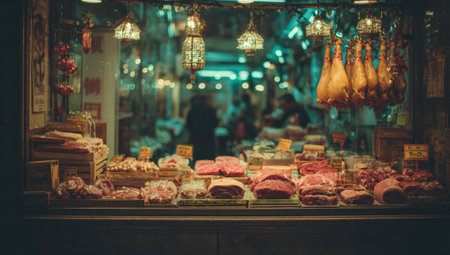 Colorful meat market scene features an array of fresh cuts and hanging hams, illuminated by warm lights, creating an inviting shopping experienceの素材