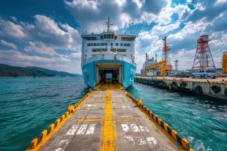 Ferry boat is securely docked at a busy harbor, surrounded by clear waters and striking clouds, illustrating maritime activity and coastal lifeの素材