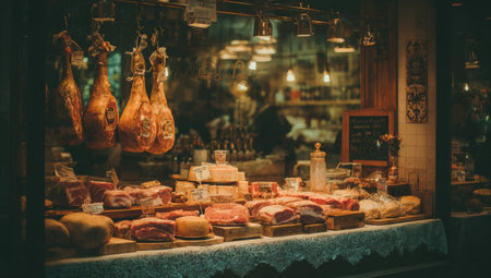 Gourmet charcuterie display showcases an array of meats and cheeses, beautifully arranged with warm lighting, creating an inviting ambiance for food loversの素材