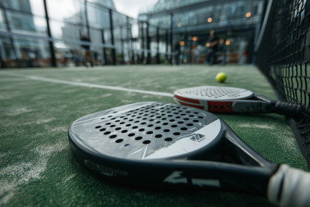 Two padel rackets are positioned on a green court, with a yellow ball nearby, capturing the essence of competitive sports and outdoor recreationの素材