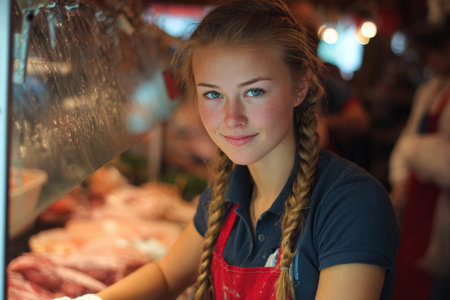 Female butcher is skillfully preparing meat in a vibrant shop, with various cuts displayed, highlighting her expertise and the lively atmosphere of the marketの素材