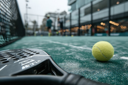 Paddle racket and bright yellow ball on green court, with players engaged in practice in the background, capturing the energy and excitement of paddle sportsの素材