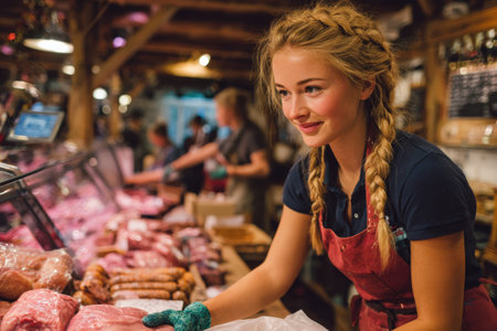 Female butcher is engaged in her work at a bustling meat shop, surrounded by fresh cuts of meat and sausages, creating a lively market sceneの素材