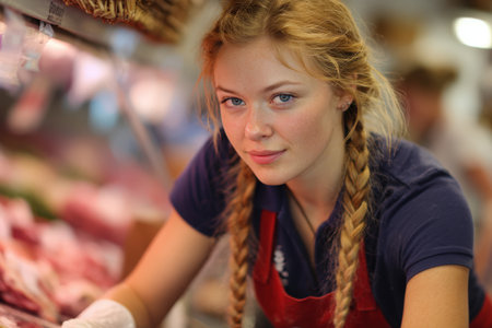 Female vendor with braided hair is serving fresh meat at a market stall, surrounded by colorful displays and a lively atmosphere, highlighting her dedication to qualityの素材