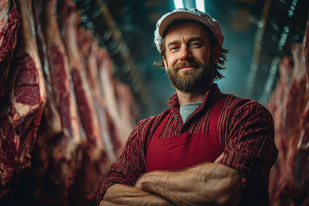 Confident male butcher in red apron and white hat stands in meat shop, surrounded by hanging cuts of meat, demonstrating skill and dedication to the craftの素材