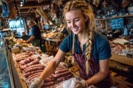 Female butcher is skillfully preparing sausages at a vibrant market stall, surrounded by an array of meats and artisanal goods, highlighting culinary expertiseの素材