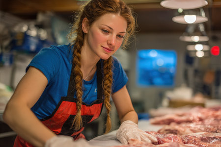 Female fishmonger is preparing fresh seafood on a counter, demonstrating skill and focus in a vibrant market environment with various fish displayedの素材