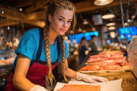 Female fishmonger, with braided hair, is preparing fresh fish fillets in a lively seafood market, surrounded by colorful displays and customers, highlighting culinary skillsの素材