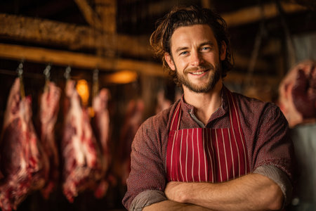 Confident male butcher with beard stands in shop, surrounded by hanging meat cuts, demonstrating expertise in traditional butchery and customer serviceの素材