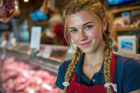 Female butcher, with braided hair, stands in a busy shop, showcasing fresh meat products, creating a welcoming and lively environment for customersの素材