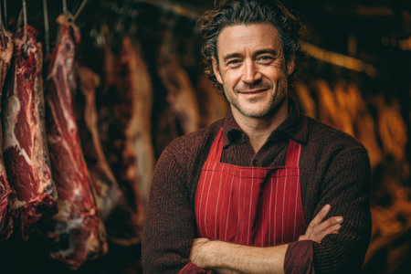 Confident male butcher in red apron poses in a meat shop, surrounded by various cuts of meat, highlighting skills in traditional butchery and dedication to qualityの素材