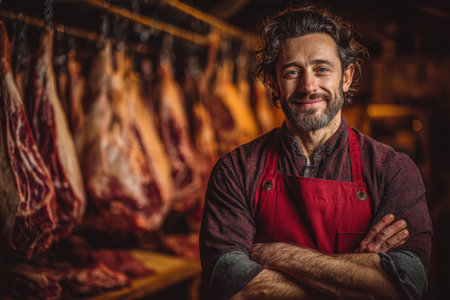 Confident male butcher in red apron poses in meat shop, surrounded by various hanging cuts of meat, highlighting skill and dedication to traditional butcheryの素材