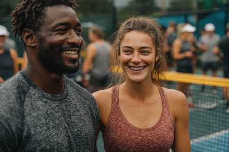 Happy African American man and Caucasian woman enjoying time on a tennis court, surrounded by fellow players, capturing the spirit of teamwork and athleticismの素材