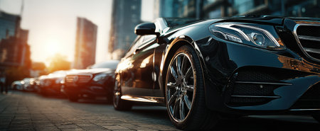 Luxury black sedan parked on urban street during sunset, highlighting modern architecture and vibrant city atmosphere, showcasing elegance and sophisticationの素材