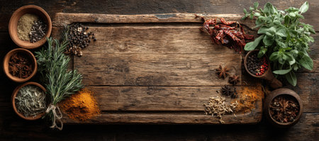 A variety of spices and herbs displayed on a wooden table, featuring bowls of dried ingredients and vibrant colors, enhancing the culinary experience and inviting creativityの素材