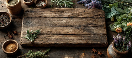 Wooden table adorned with fresh herbs, colorful spices, and blooming flowers, offering a warm and inviting setting for cooking and culinary explorationの素材