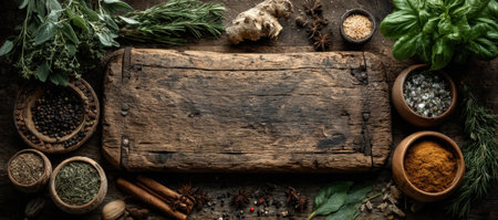 Wooden cutting board is surrounded by an array of fresh herbs, spices, and ingredients, creating a rich and inviting atmosphere for culinary creativityの素材