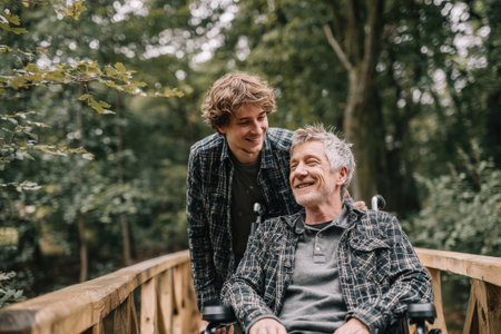 Young man interacts with elderly man in wheelchair on wooden bridge, surrounded by trees and greenery, highlighting companionship and happiness in a natural settingの素材