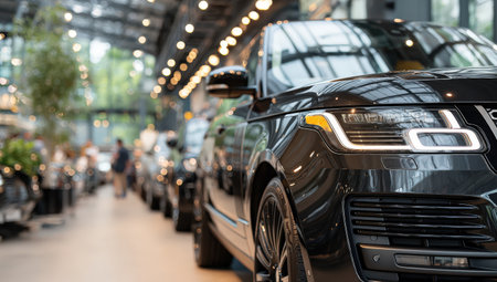 Luxury SUV displayed in contemporary showroom, illuminated by bright lights, emphasizing its sleek design and advanced features, creating an atmosphere of sophisticationの素材