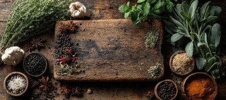 A variety of fresh herbs and spices surround a rustic wooden cutting board, highlighting natural textures and colors, ideal for cooking and food stylingの素材