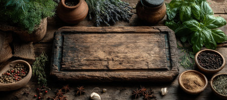 Wooden cutting board is surrounded by fresh herbs, colorful spices, and clay pots, enhancing the rustic kitchen ambiance for culinary creativity and food stylingの素材